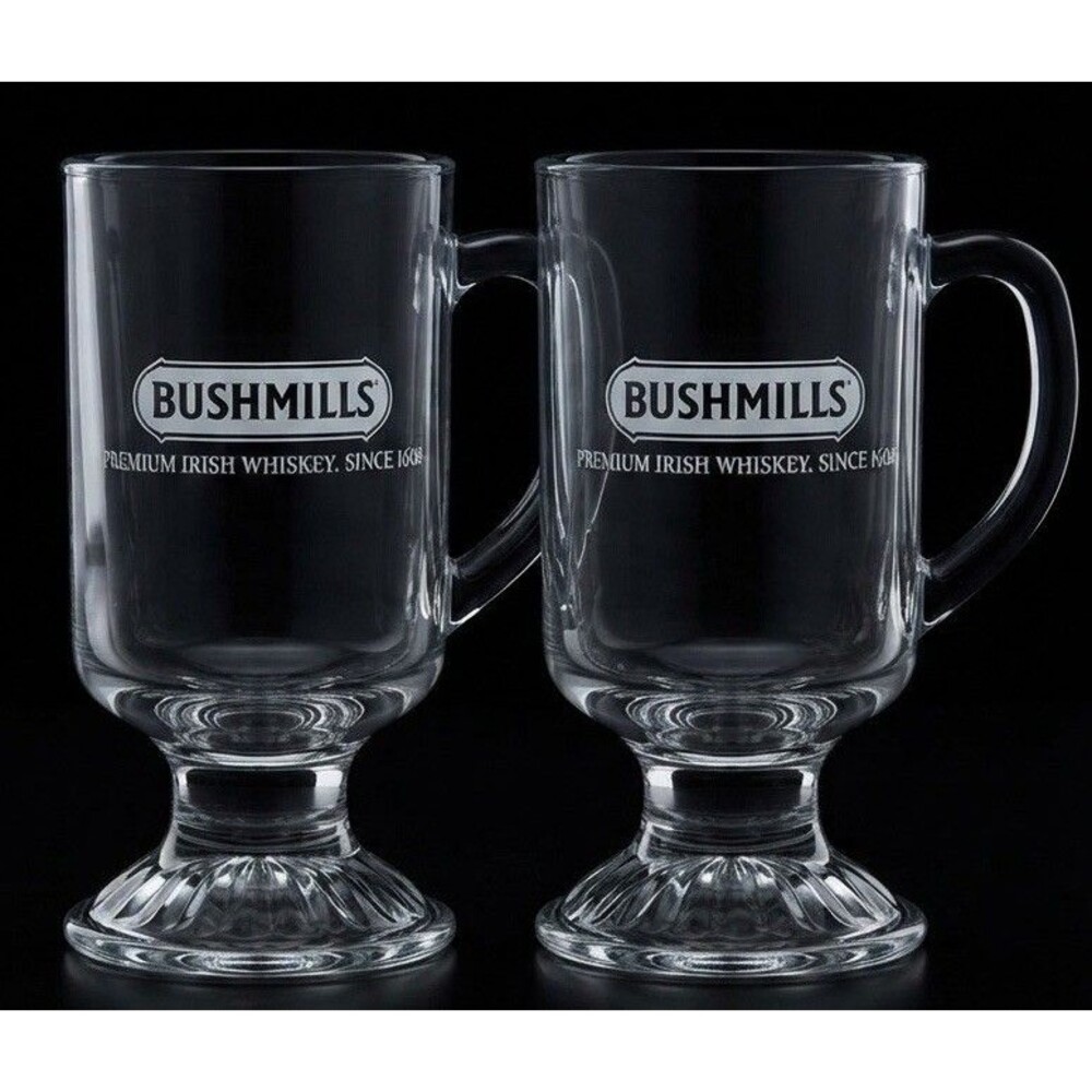 Vintage Bushmills Premium Irish Whiskey Coffee Footed Glass Mug Set of 2